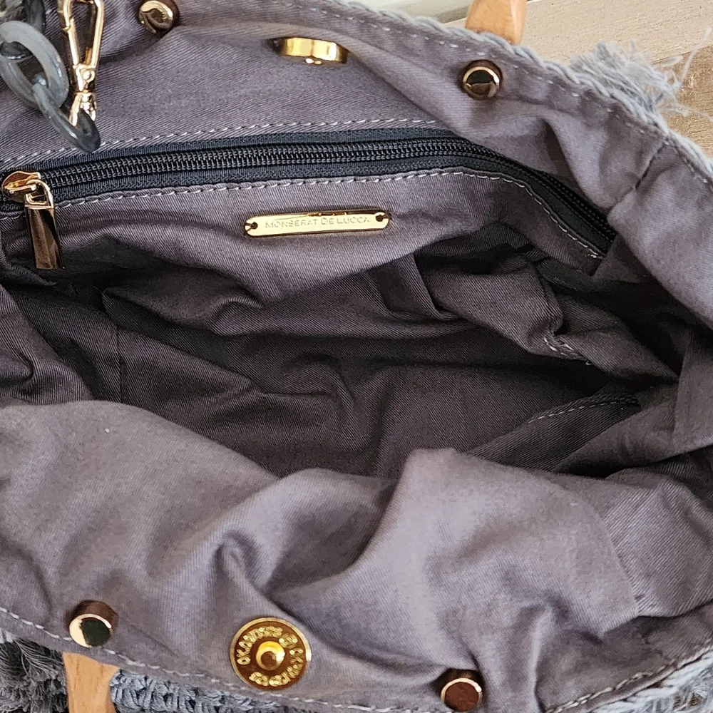 Monserat DeLucca Cable Knit Woven Slouch Hobo Purse Acrylic Crossbody Strap Grey - Picture 8 of 12